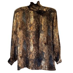 Vintage Escada 100% Silk Animal Print Mock Neck Blouse Top Rosette Size‎ 34 US 4